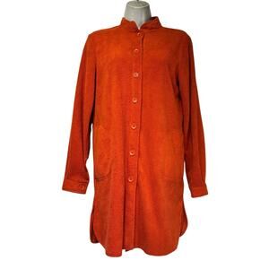 vintage action scene 70s Orange Terry Cloth long sleeve button up swim cover USA